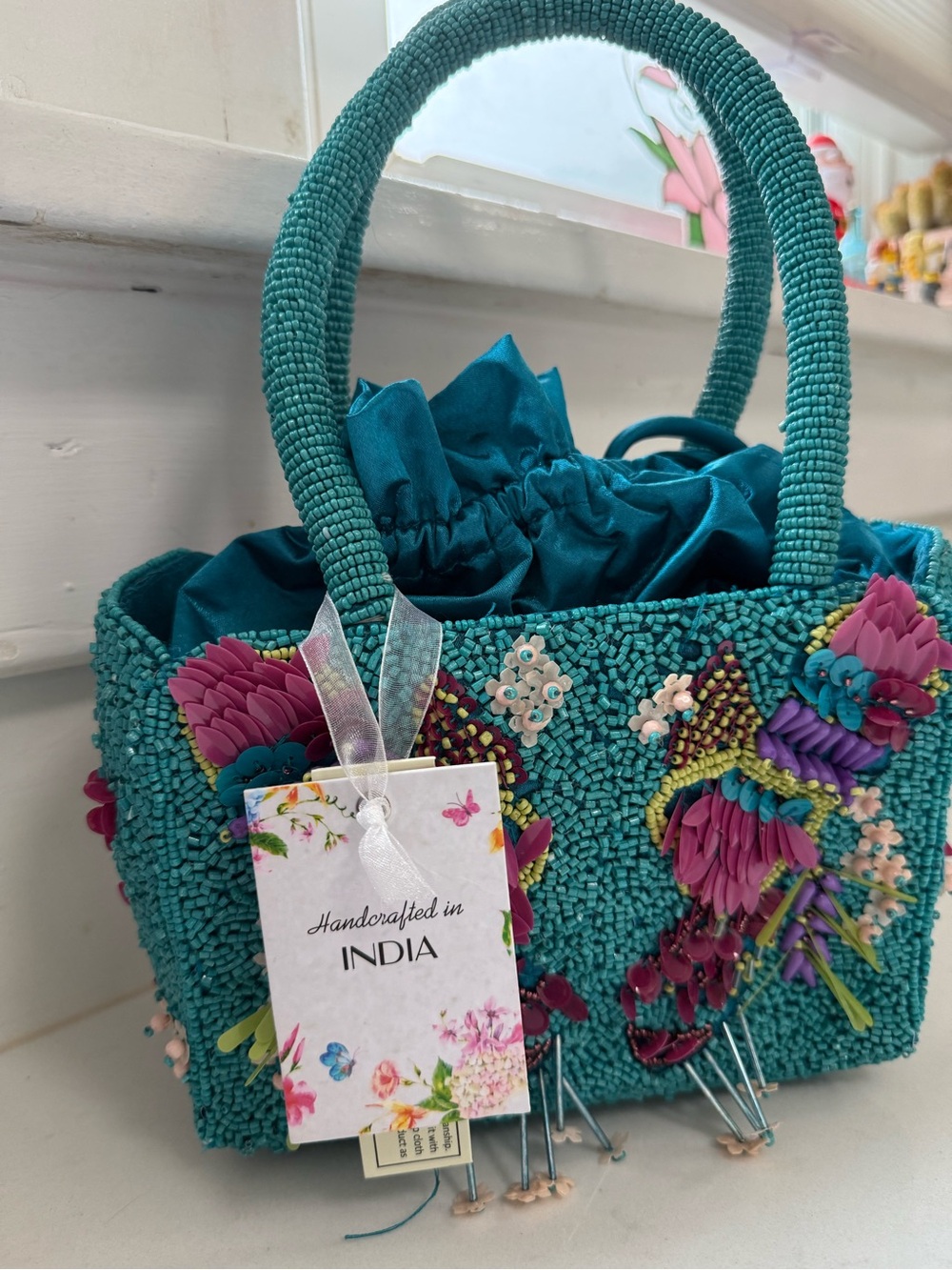 Hand Crafted Turquoise Beaded Floral Tote with Pink & Purple Accents